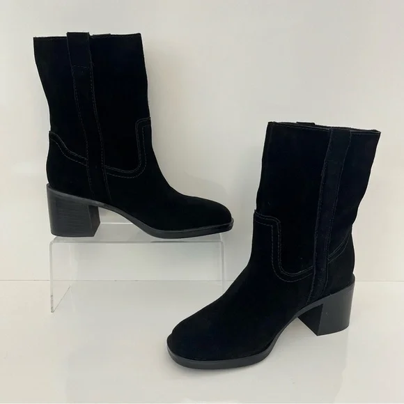 Steve Madden Romney Mid-Calf Boots Black Leather Block Heel Almond Toe Size 6 - Picture 4 of 13